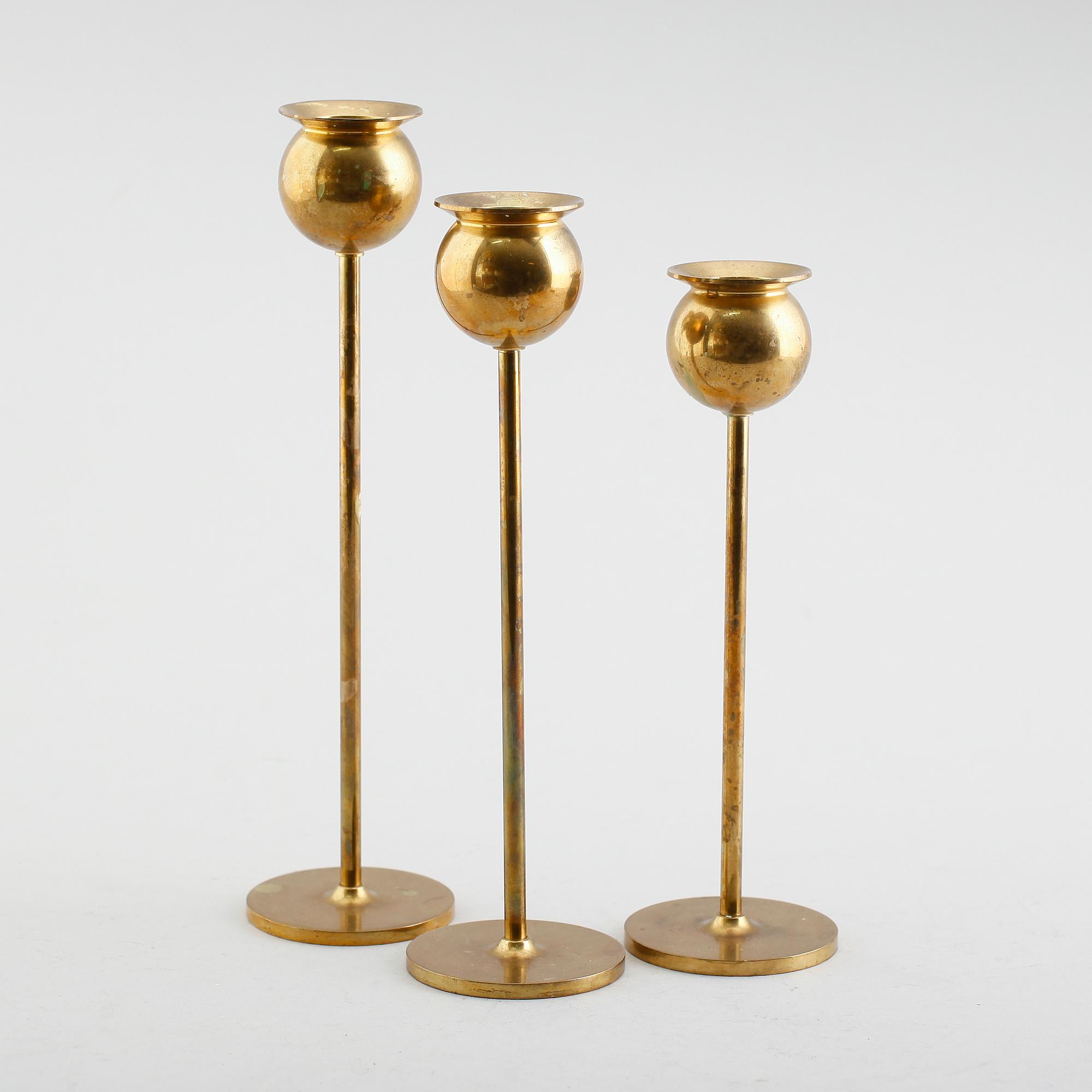 LJUSSTAKAR, 3 st, mässing, "Tulpan",  Pierre Forsell, Skultuna, 1900-talets andra hälft.