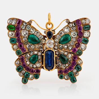 1092. A butterfly brooch/pendant in 14K gold set with old-cut diamonds.