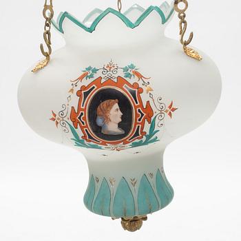 Hanging lamp, painted glass, late Empire, mid-19th century.