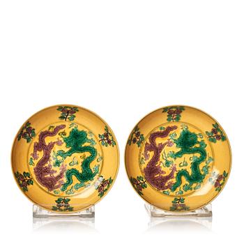 837. A pair of yellow glazed five clawed dragon dishes, Republic with Guangxu mark.