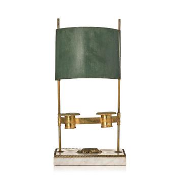 183. A Gusttavian gilt brass, white marble and tole two-light reading lamp, late 18th century.