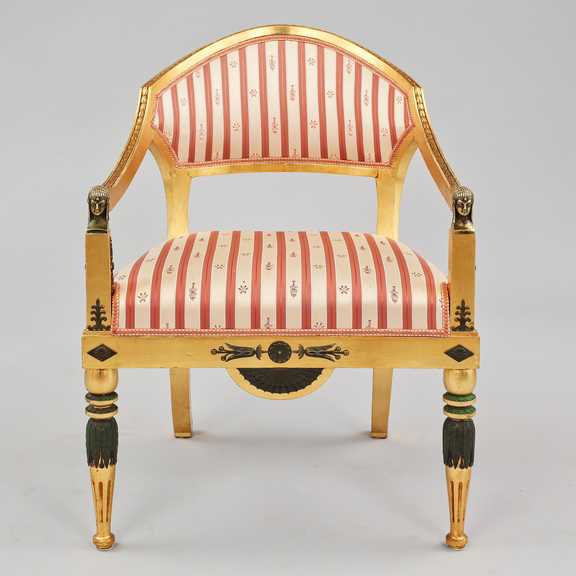 BALJFÅTÖLJER, 3 st, samt PLIANGER, 3 st, AB Axel Beckmans Möbelfabrik, Norrköping, empire-stil, tidigt 1900-tal.