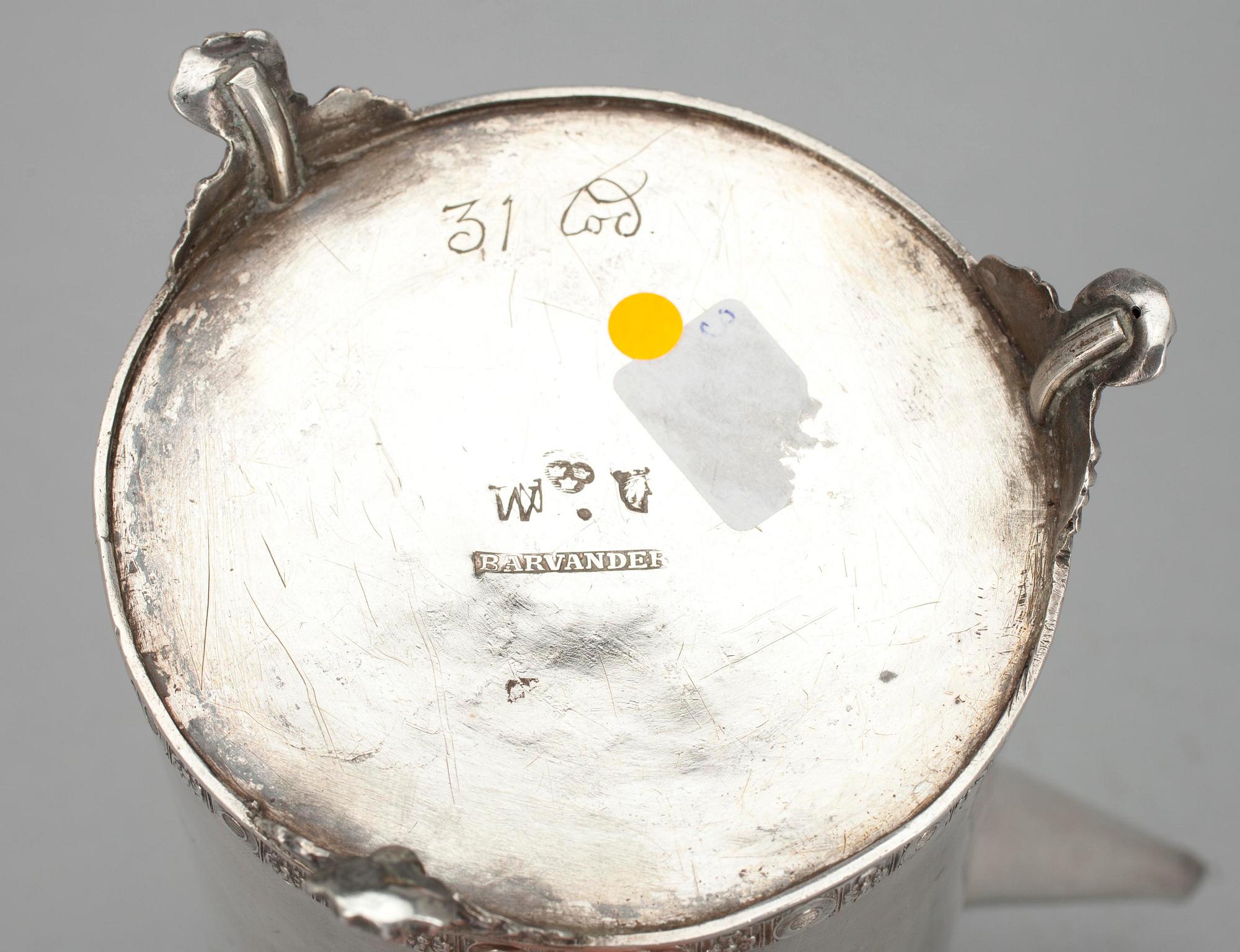 KAHVIKANNU, hopeaa, Lars Barvander, Tukholma 1779. Paino noin 448 g.