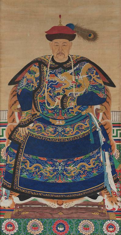 Förfadersporträtt, Qingdynastin, 1800-tal. Med signatur.