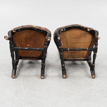 A pair of painted rococo chairs, first part of the 18th Century.