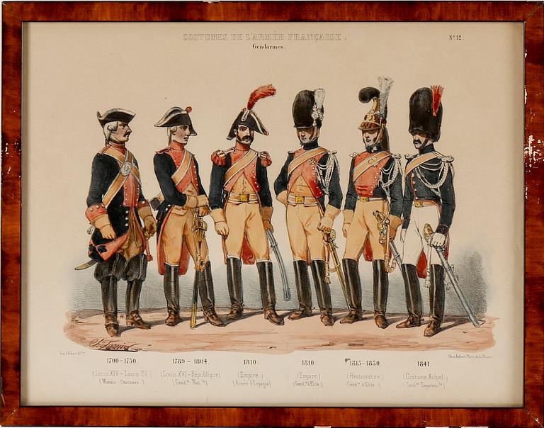 LITOGRAFISKA UNIFORMPLANSCHER, 7 st, Costumes de l'armée Française, 1800-talets slut.