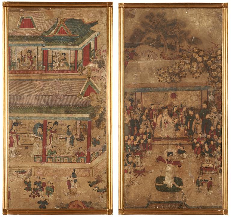 MÅLNINGAR, två stycken, tusch och färg på papper. Qing dynastin, troligen 1600-tal.