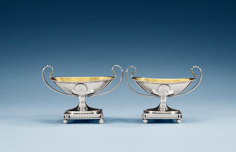 A PAIR OF SWEDISH PARCEL-GILT SALTS, Makers mark of Pehr Zethelius, Stockholm 1795.