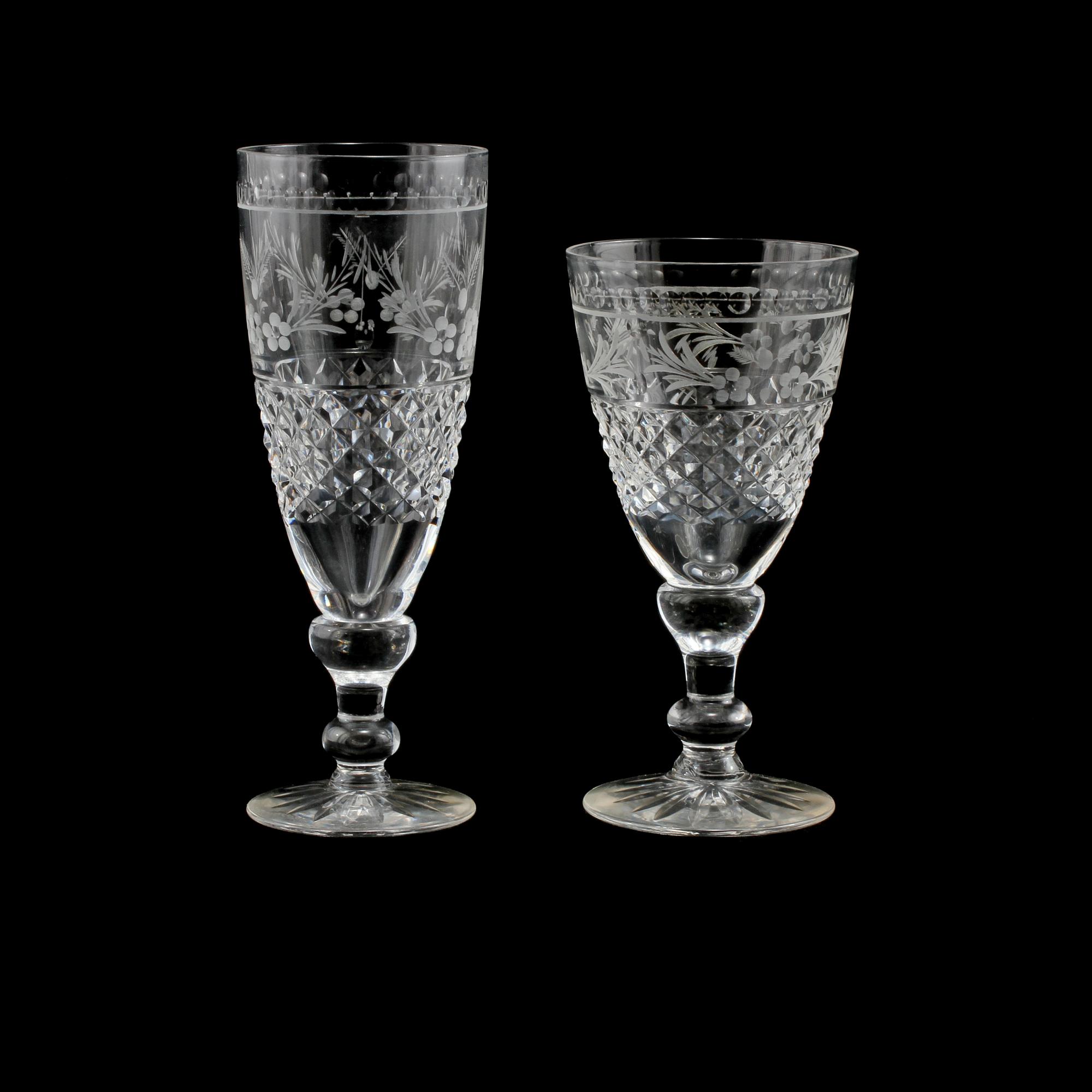 VINGLAS, 8 st samt CHAMPAGNEGLAS, 3 st, "Elvira Madigan", Kosta, 1900-tal.