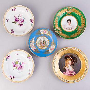 FIVE DECORATIVE PLATES, porcelain, Central Europe, late 19th century and early 20th century.