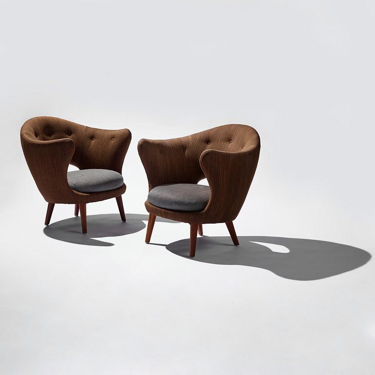 Finn Juhl, a rare pair of teak and upholstered Easy Chairs, executed by Søren Willadsen, Møbelfabrik Denmark ca 1950.