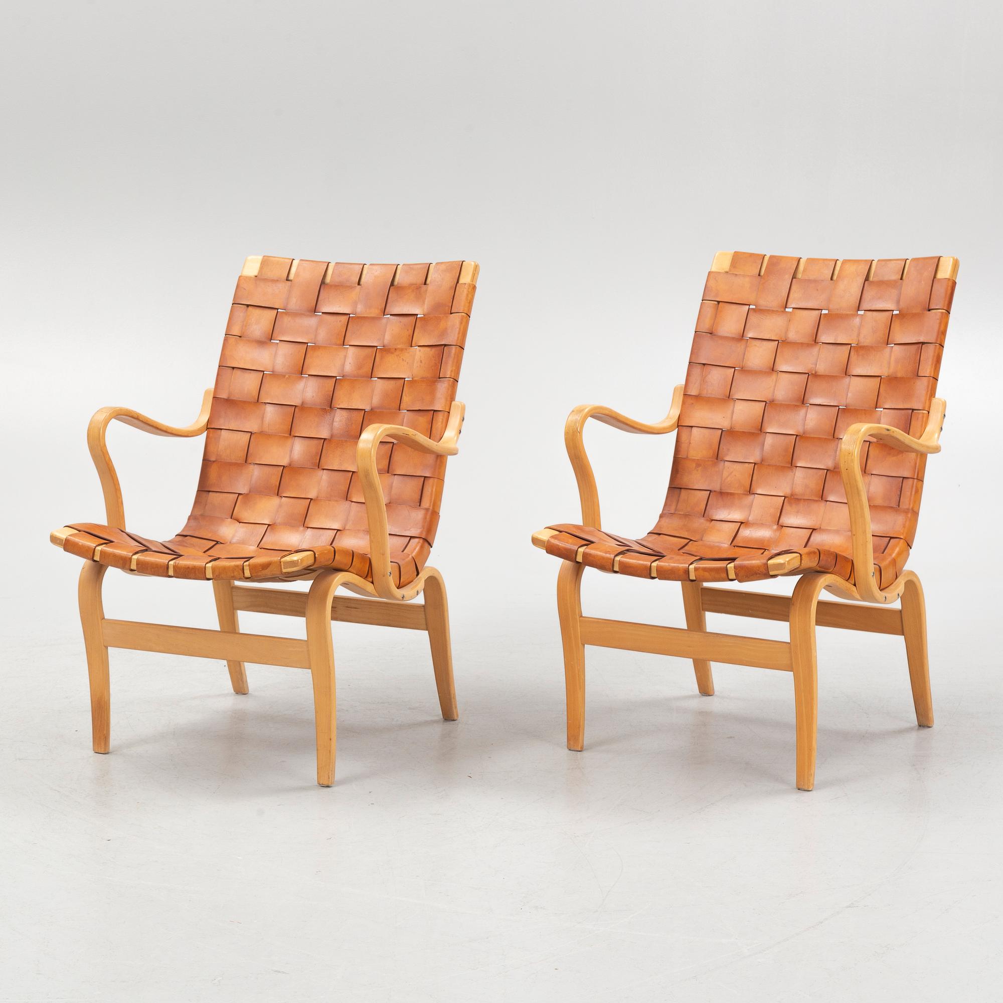 Bruno Mathsson, a pair of 'Eva' armchairs, Firma Karl Mathsson, Värnamo, Sweden, 1976.