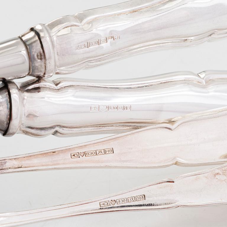 Bestickuppsättning, 73 delar, silver, "Chippendale", 1985-95. Olika tillverkare.