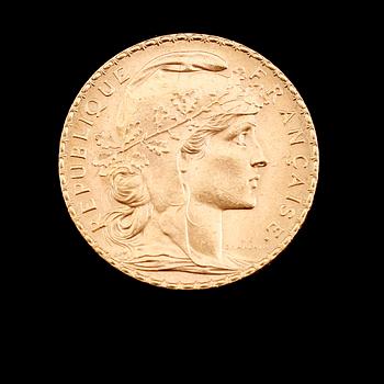 GULDMYNT, 20 franc, Frankrike, 1910. Vikt ca 6 gram.
