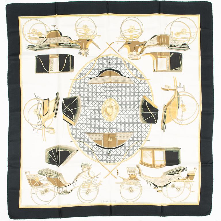 Hermès, Two silk scarves, 'Les Voitures a Transformation' and 'Les Clefs'.