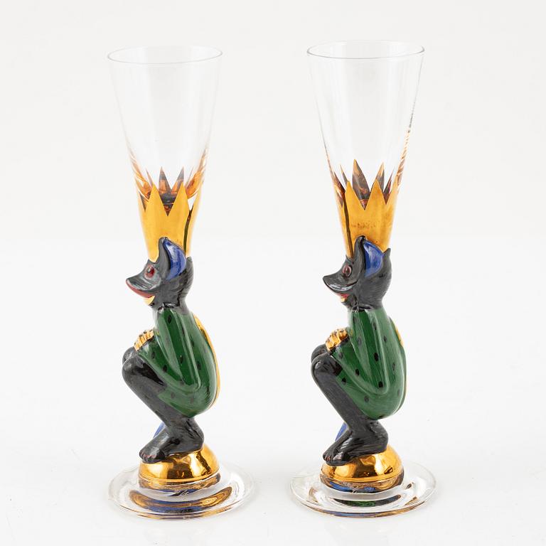 Snappsglas, 2 st, grön djävul, Gunnar Cyrén, Nobelservisen, Orrefors.