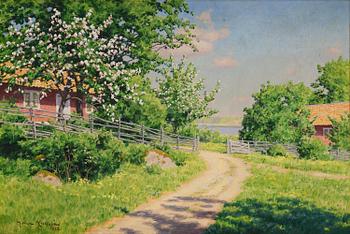 855. Johan Krouthén, Sommarlandskap med blommande fruktträd.
