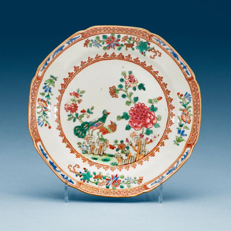 A set of eight famille rose 'double peacock' dishes, Qing dynasty, Qianlong (1736-95).