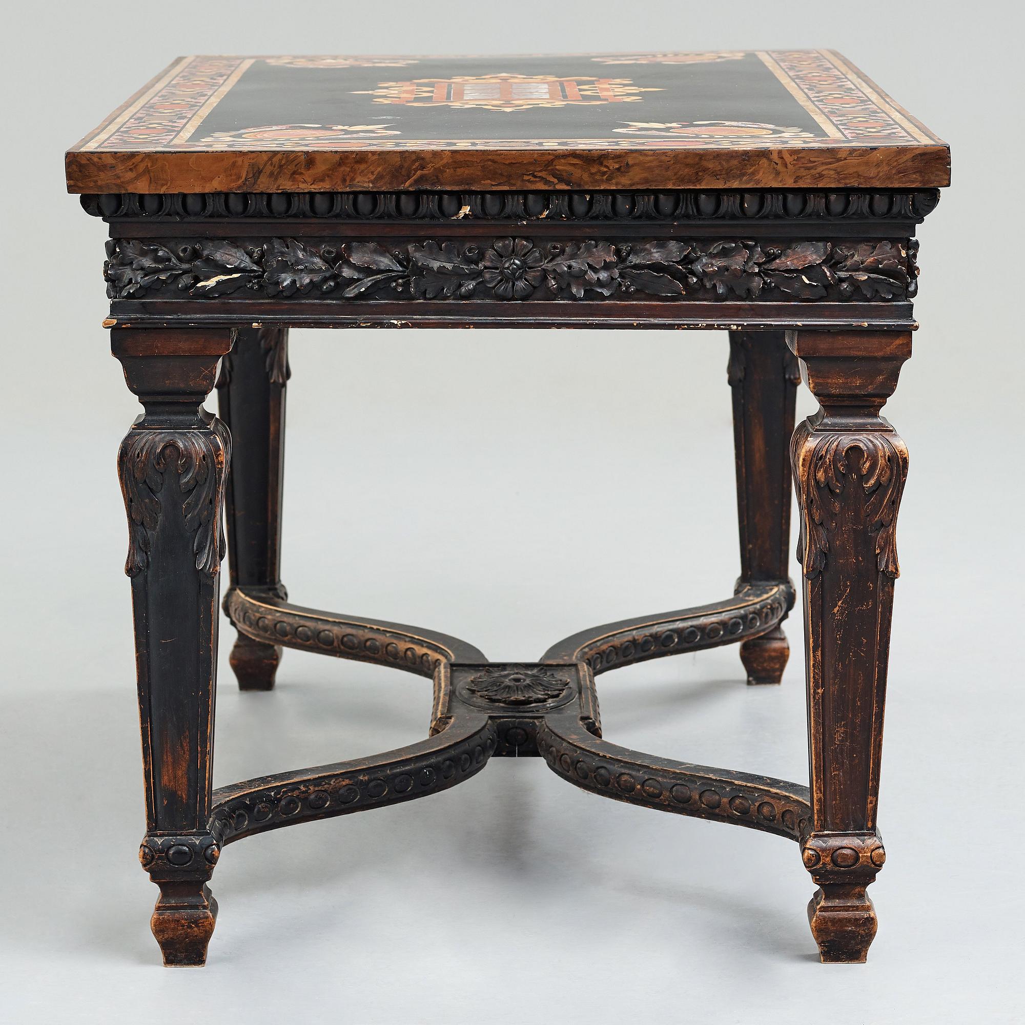 A pietre dure top, Italy, circa 1900, probably Rome or Naples. The stand in Louis XIV-style.