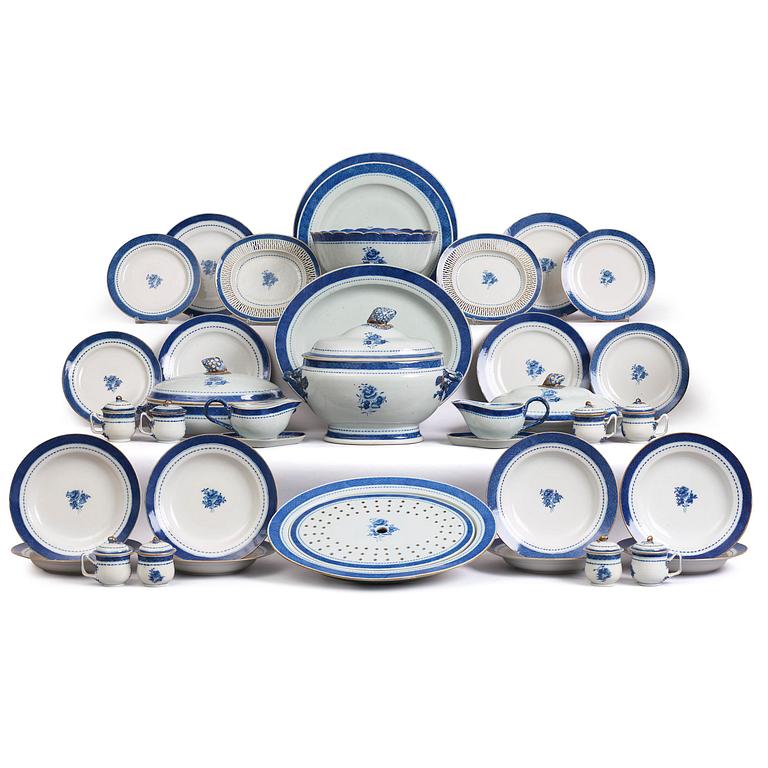 A blue and white dinner service, Qing dynasty, late 18th century. (56 pieces).