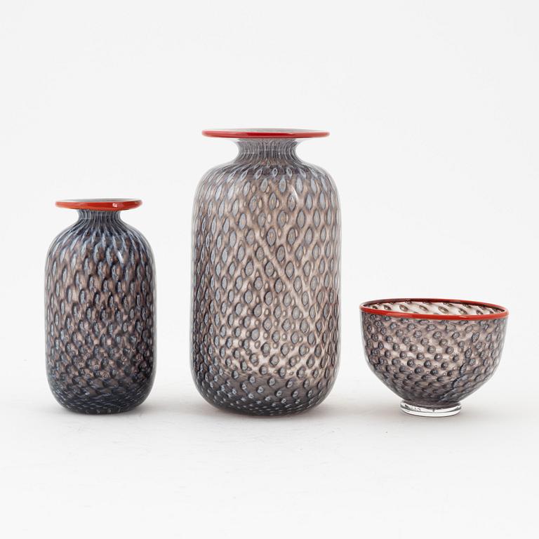 Bertil Vallien, a glass bowl and two vases, Artists collection, Boda, Sweden.