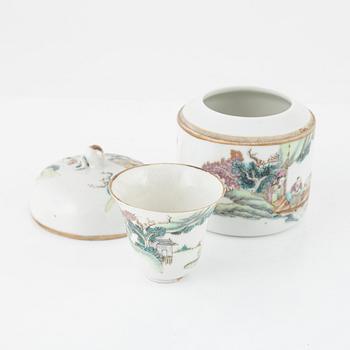 Box with lid, cup with lid, and bowl, porcelain, China, late Qing Dynasty, late 19th century.