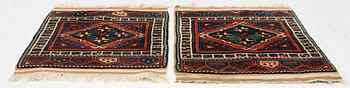 A pair, semi-antique rug, Döşemealtı, Antalya region, Turkey, ca 75 x 77 cm.