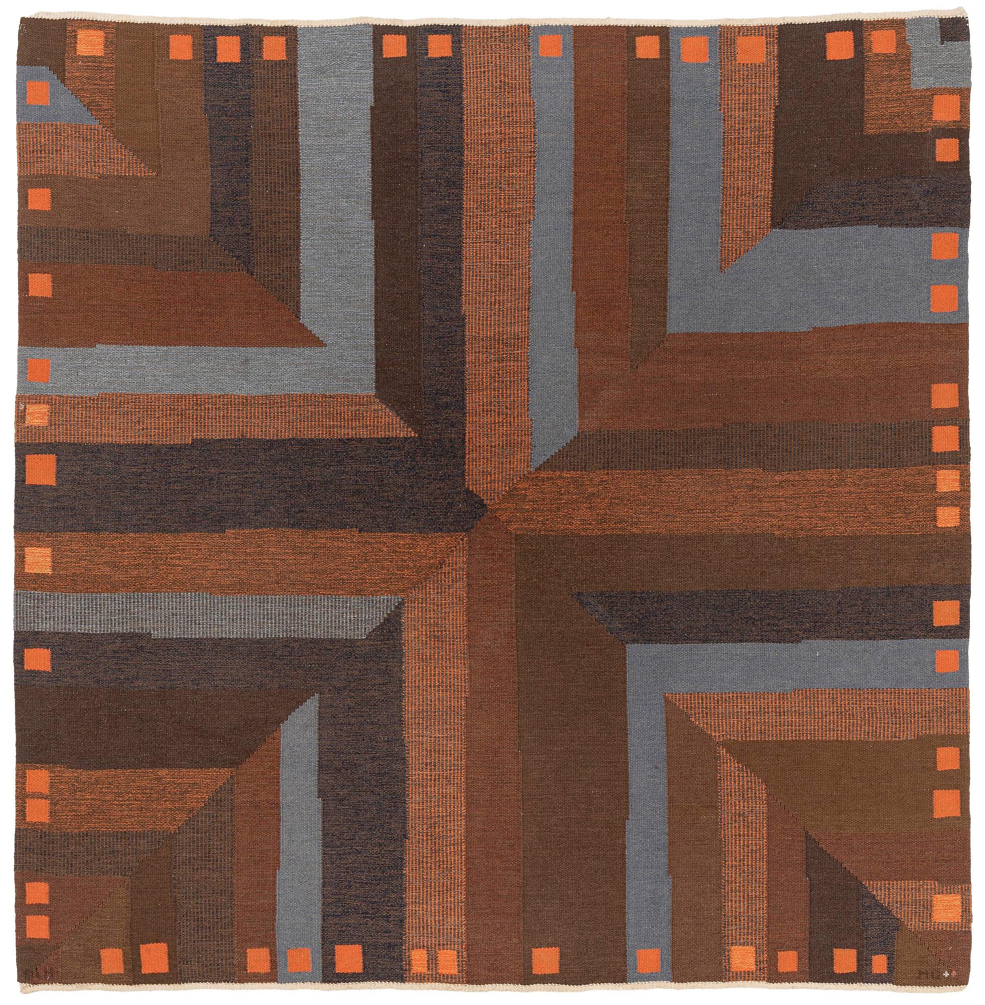 Margareta Grandin-Nettles, a carpet, flat weave, c. 278 x 275 cm, signed GLH MG.