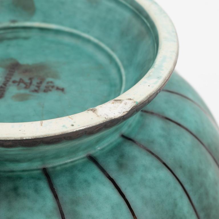 Wilhelm Kåge, a group of four stoneware vases, two bowls, three dishes and two lidded boxes, 'Argenta', Gustavsberg.