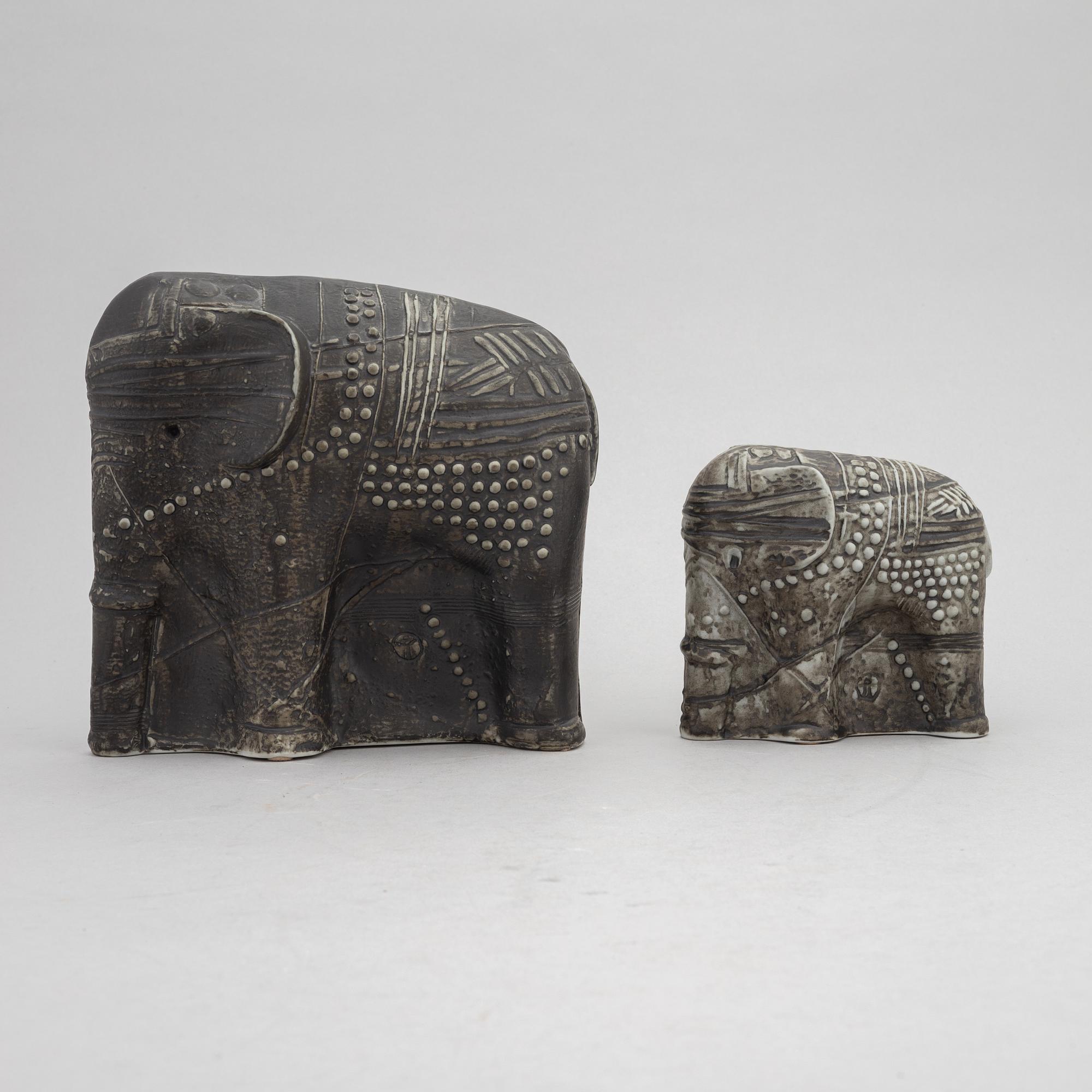 Bertil Vallien, two stoneware sculptures of elephants, Rörstrand.