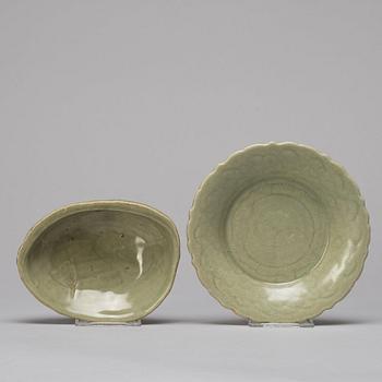 A celadon glazed dish and brush-washer, Ming dynasty (1368-1644).