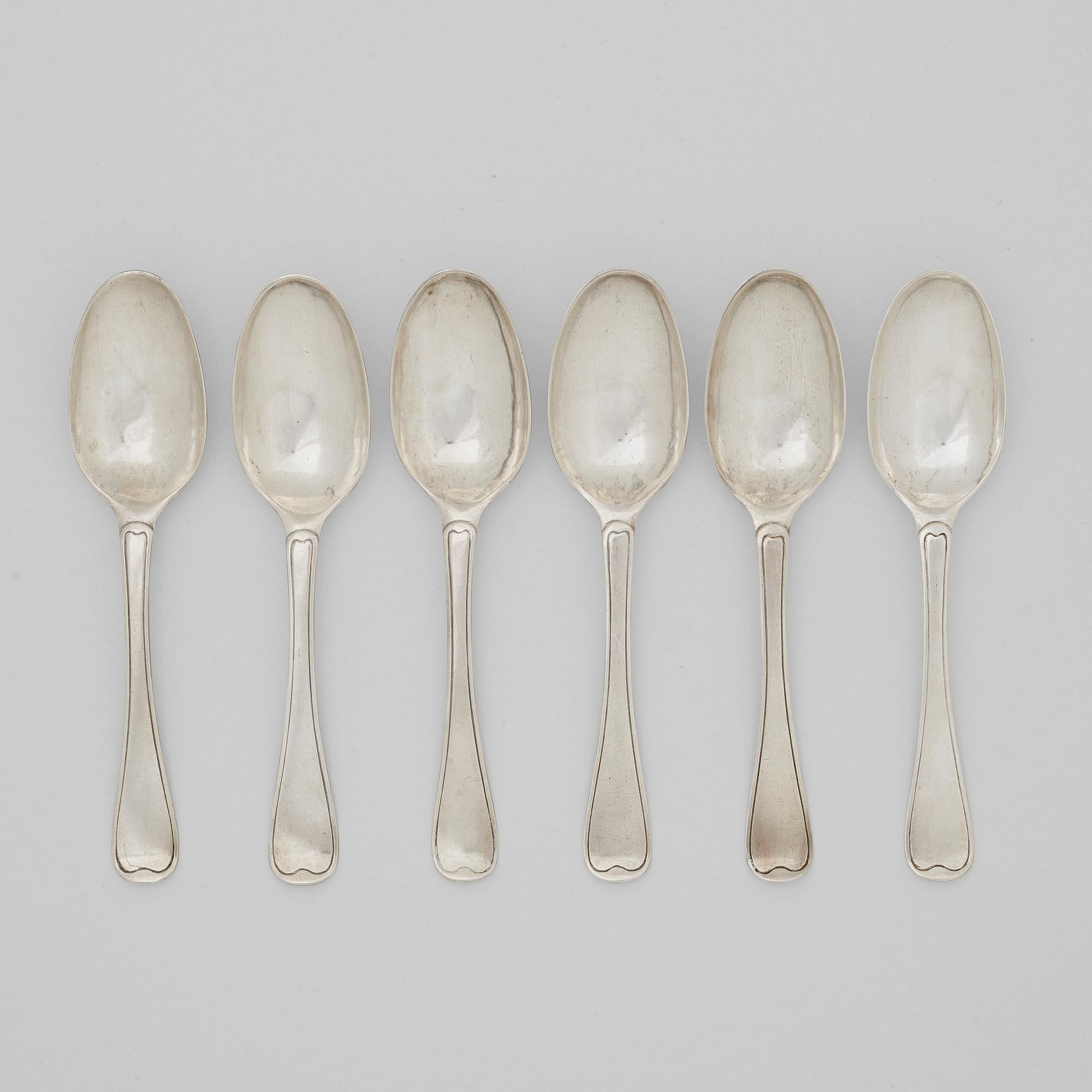 A set of six Swedish 18th century silver dinner-spoons, mark of Nild Dahl, Linköping 1760.