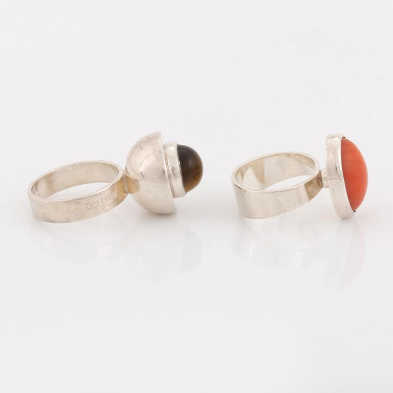 Hansen, two silver rings, coral and tiger's eye.