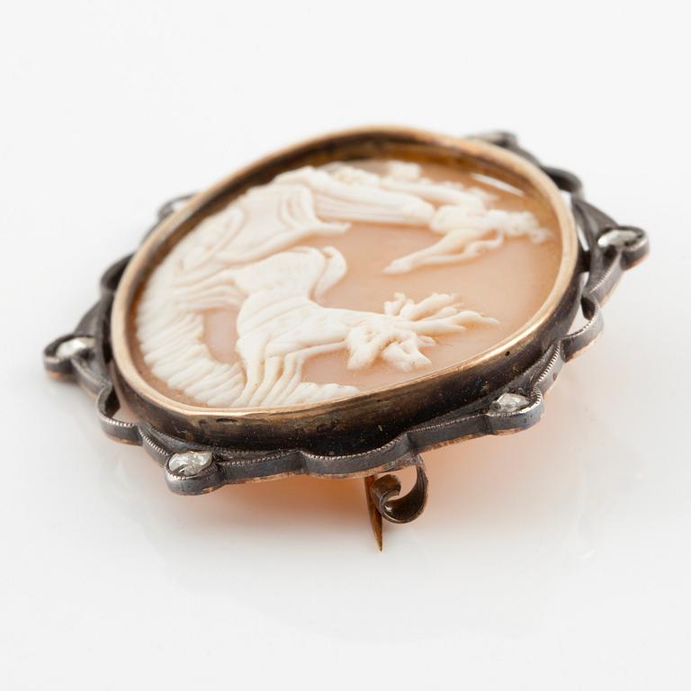Brooch with a shell cameo, silver and 14K gold with rose-cut diamonds.