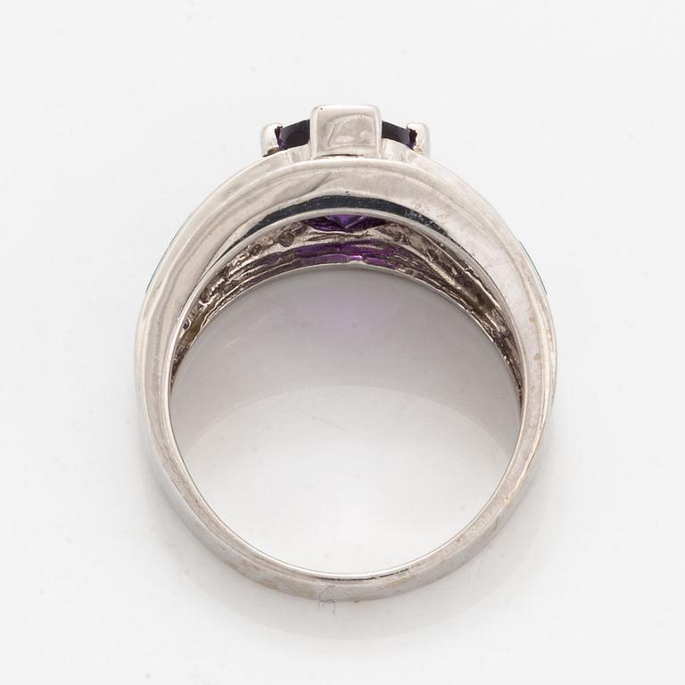 Checker-cut amethyst, opal and diamond ring.