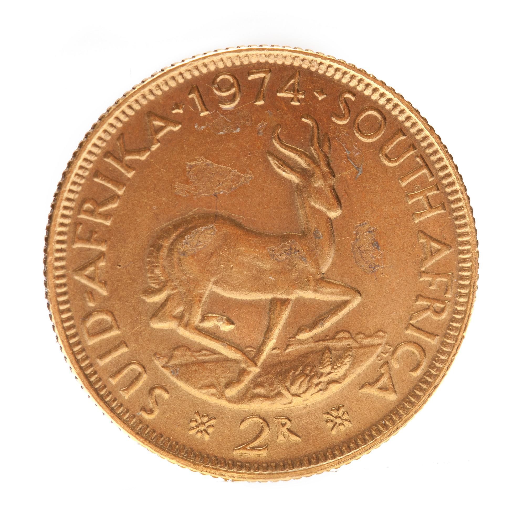 GULDMYNT, finguld, Krugerrand, Sydafrika, 1974. Vikt ca 8 g.