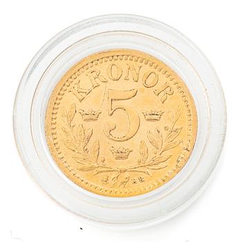 Guldmynt, Sverige, Oskar II, 5 kronor, 1882.