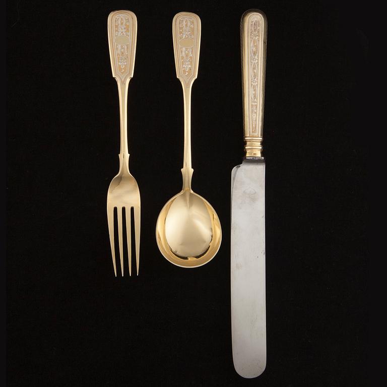 BESTICK, 3 delar, förgyllt silver, Moskva, Ryssland 1877. Tot. vikt inkl. knivblad 218,4 g.