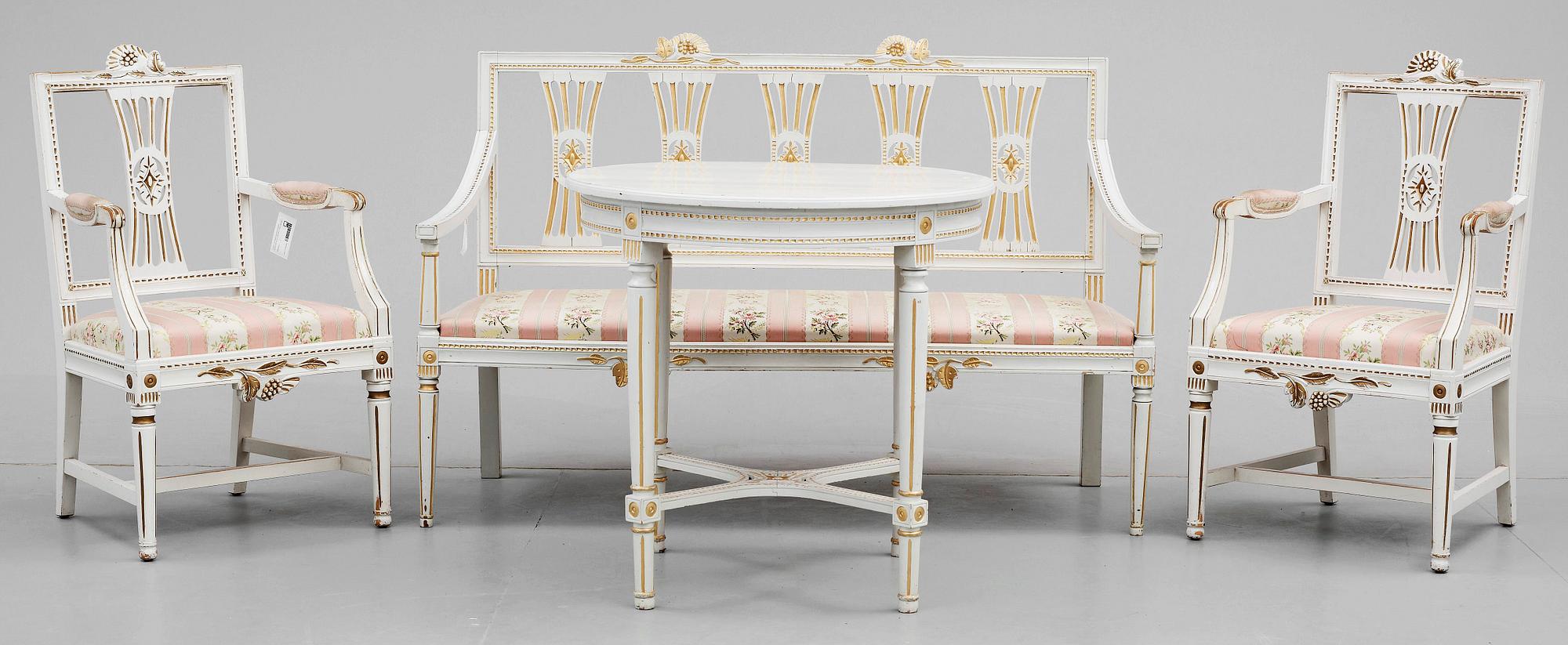 SALONGS-/MATSALSGRUPP, 10 delar, gustaviansk stil av Lindometyp, tidigt 1900-tal.