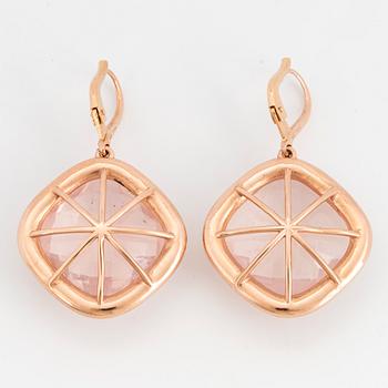 Checker-cut rose-quartz and brilliant-cut diamond earrings.