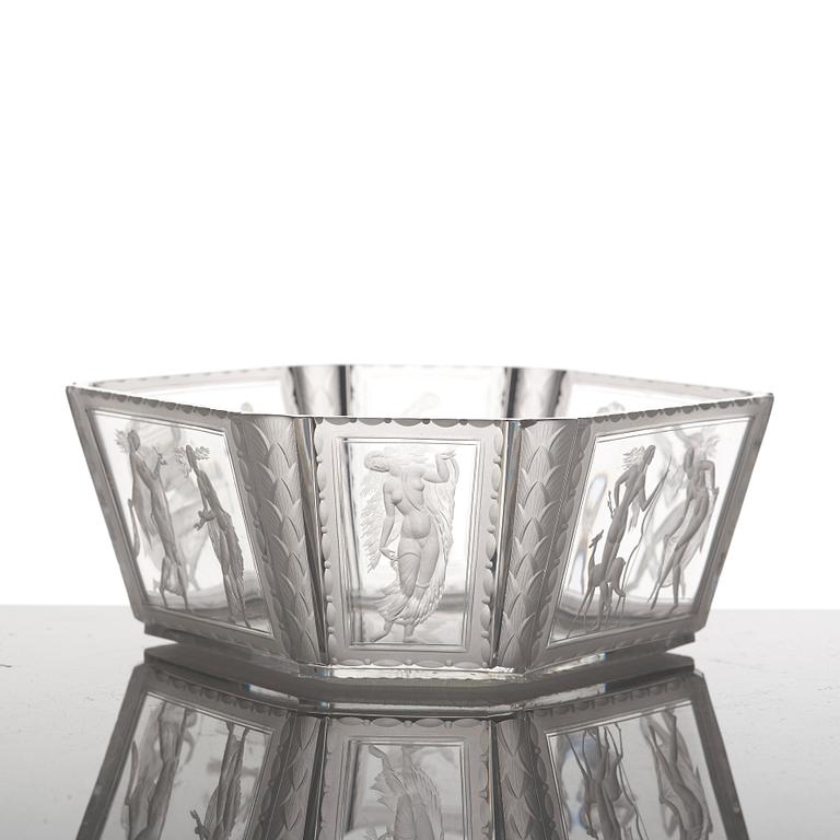 Simon Gate, an hexagonal engraved bowl, Orrefors, Sweden 1922, engraved by Richard Bayer, model nr 237.
