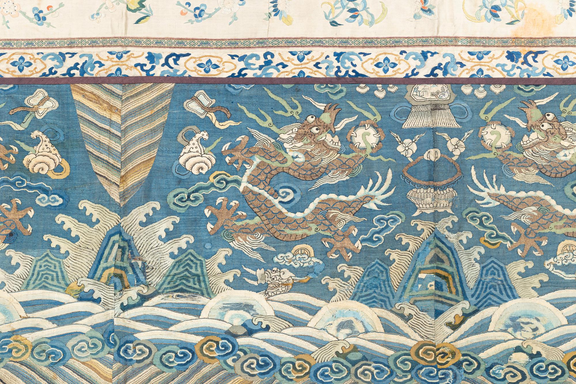 A Chinese five clawed dragon embroidered silk altar cloth, Qing dynasty, 19th century.