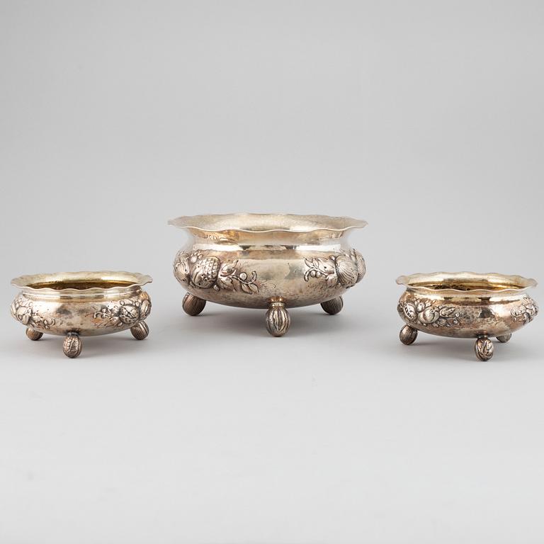 A set of three BAroque style silver bowls, maker's mark CG Hallberg, Stockholm, 1949-1950.