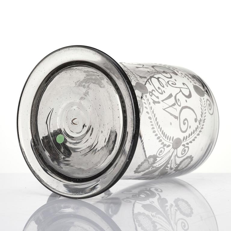 A large tankard, 18th Century with eched monogram for 'G.R.G' and 'M.E.W.' 1781.