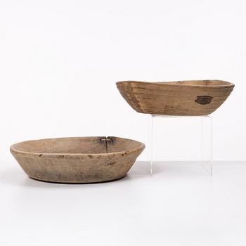 Skålar, 7 st, samt ett tråg, allmoge, 1800-tal.