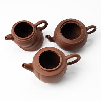 A group of three yixing 'gongfu' teapots, China, 1980s.
