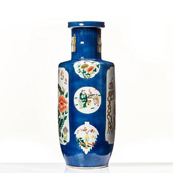 A powderblue and famille verte roleau vas, late Qing dynasty.