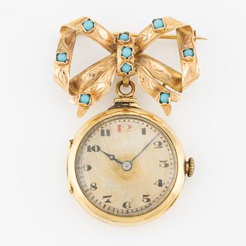 Watch with brooch, 18K gold with turquoise stones.