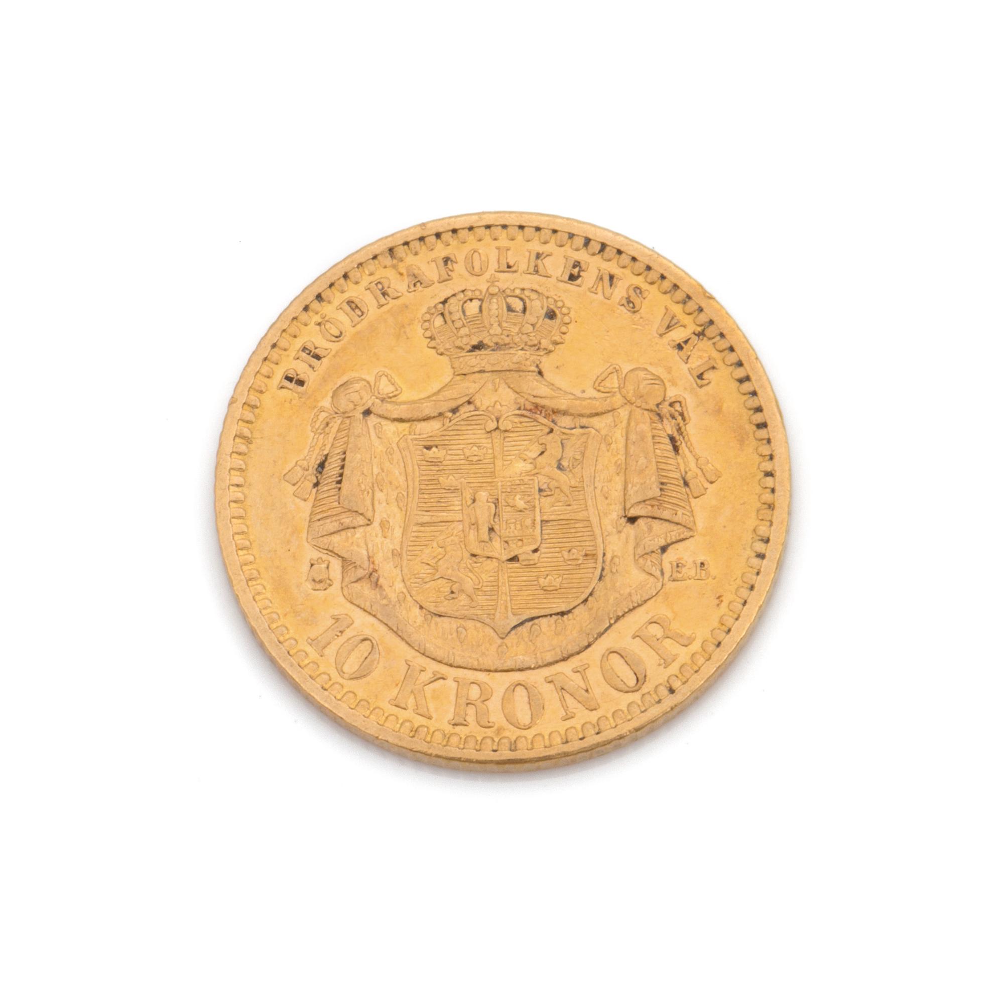 GULDMYNT, Oscar II, guld, 1901. Vikt ca 5 gram.