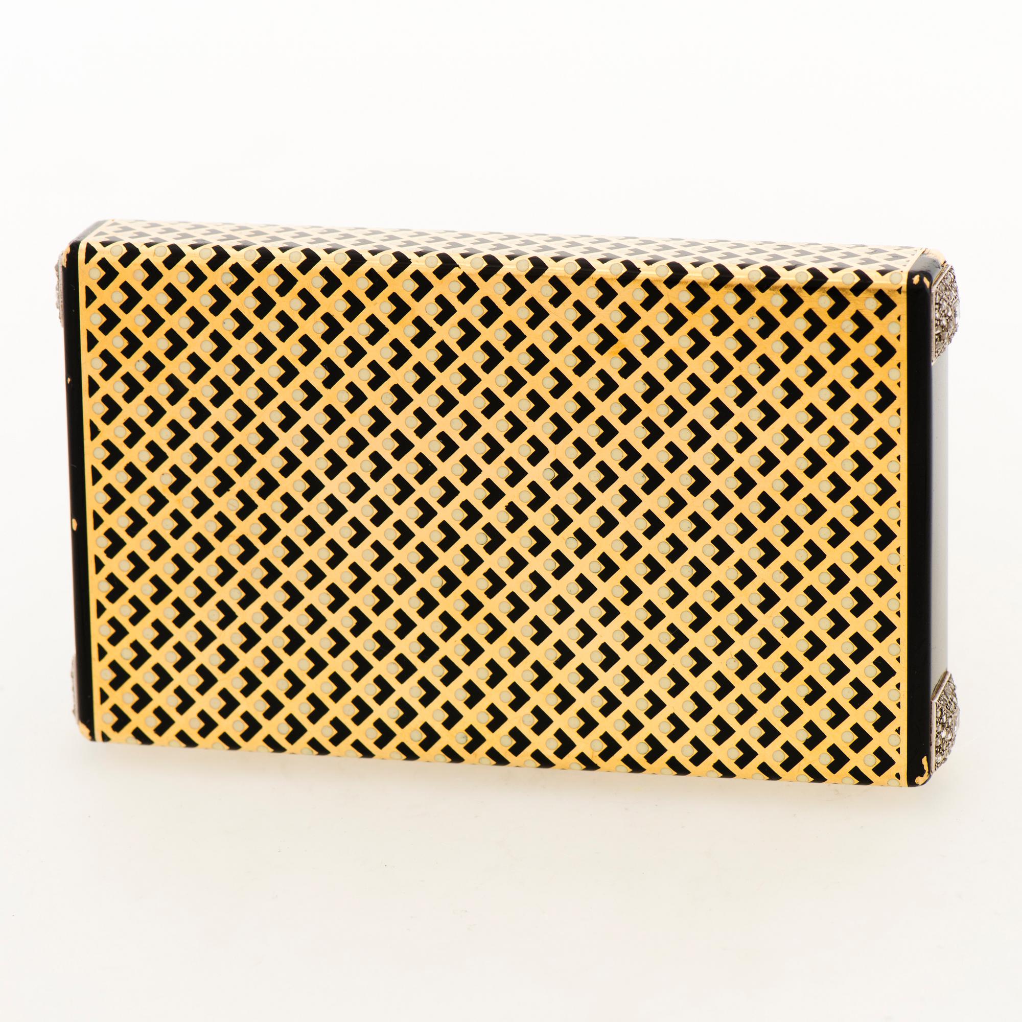 Cartier Art Deco Vanity Case 18K guld med svart emalj och baguette- och rosenslipade diamanter.